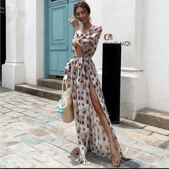 Long Sleeves Cream Peacock Feathers Plunging Neck High Slit Dress Sz Large NWT - Picture 3 of 9